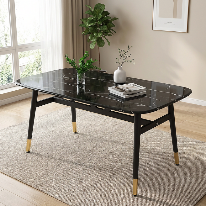 핑크주 모던 인테리어 홈 식탁 테이블, 마블블랙, 6인용