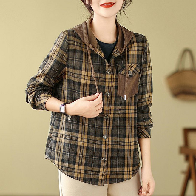 중년 여성 후드 코트 봄 가을 엄마 캐주얼 체크 자켓 상의 루즈핏 시크룩 여자 셔츠 아우터 LJX