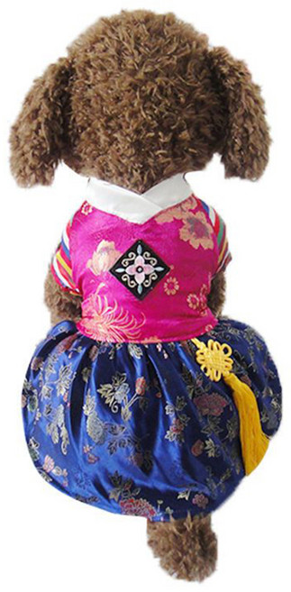 반려동물 옷 전통 자수 색동 저고리 귀여운 강아지 한복 명절의상 슬림소녀, 로즈레드, 1개