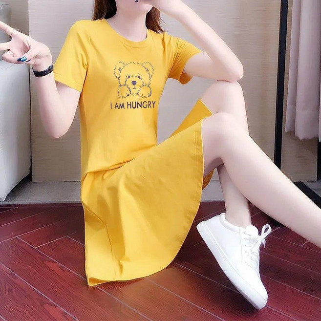 good 女夏寬鬆中長洋裝大尺碼顯瘦休閒學生不規則魚尾裙, 黃色 狗狗,XL