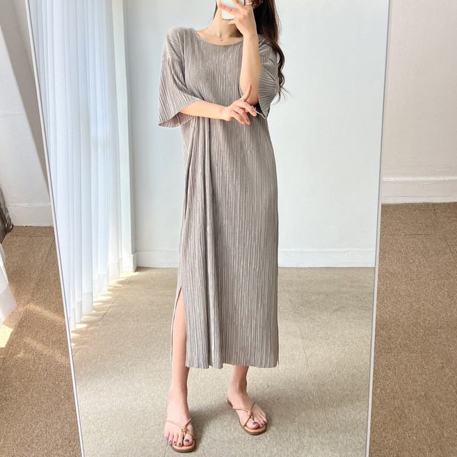 오버핏 썸머 플리츠 주름 트임 반팔 트임 롱 원피스 5color