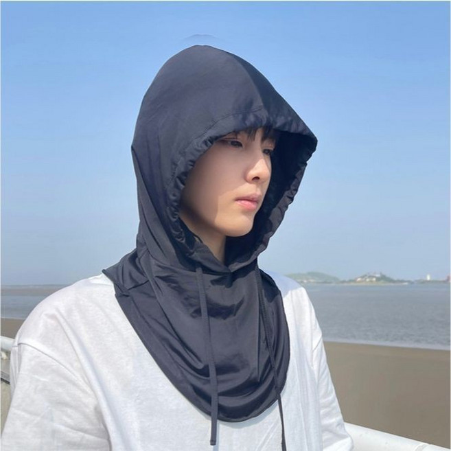 戶外防曬面罩頭套 冰絲圍脖, 純黑色, XL, 1個