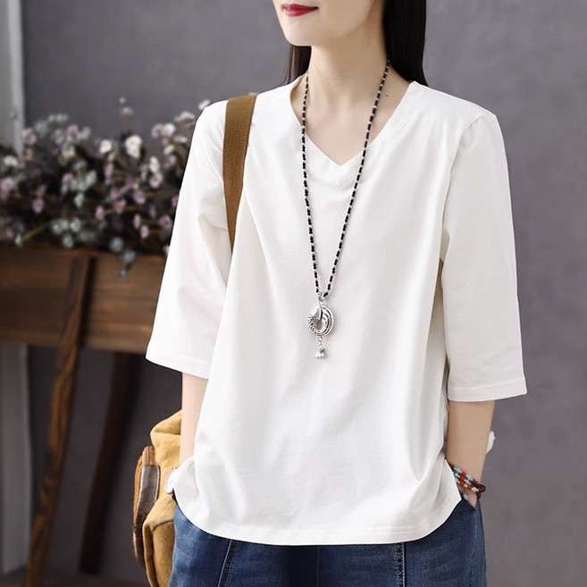 VEZRI 여성 여름 브이넥 칠부소매 심플 베이직 티셔츠 슬림핏 배꼽커버 이너 탑