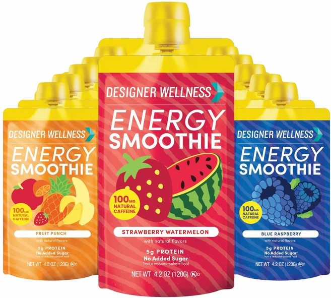 Designer Wellness Energy Smoothie Real Fruit 100mg Natural Caffeine 5g Protein Low Carb Zero, Energy Variety Pack, 4.2 Fl Oz (Pack of 12), 120g - 쿠팡