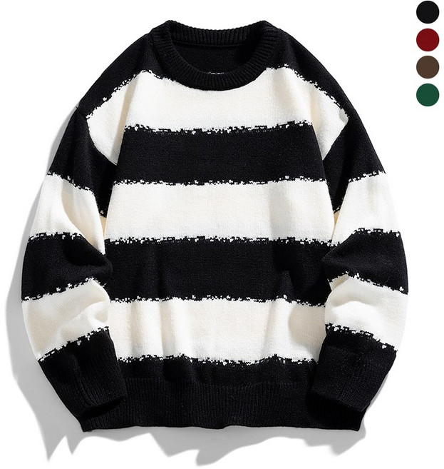 Asure 남자니트 빈티지 오버핏 라운드 스트라이프 니트 스웨터