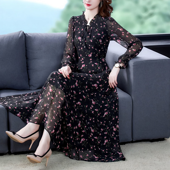 Seofst 여성 봄가을 빅사이즈 쉬폰 플라워 긴팔 롱 원피스