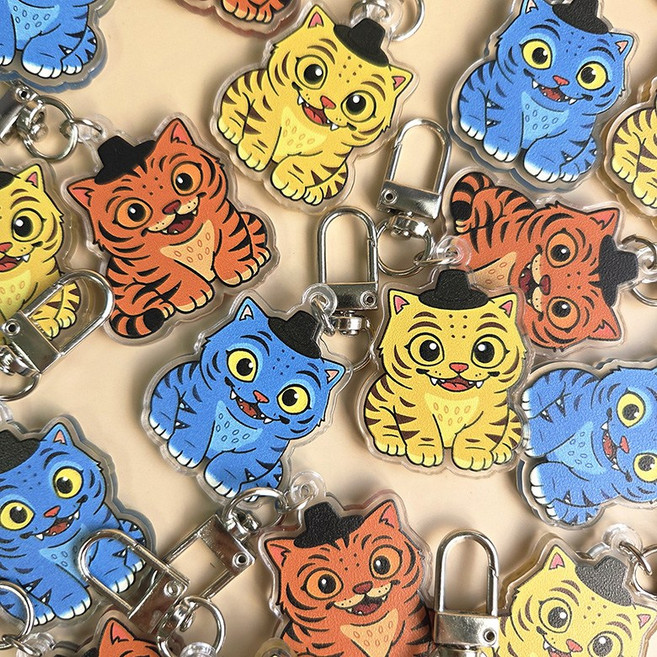 갓쓴 호랑이 키링 아크릴 전통 캐릭터 해태 외국인 친구 선물 호작도 K POP 굿즈 갓 호랑이 키링 데몬 헌터스 국내제작 자체제작, 1개, 파랑