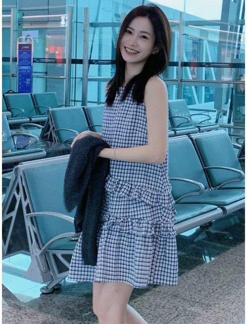 復古格紋無袖連衣裙 女夏 A字裙 氣質休閒裙
