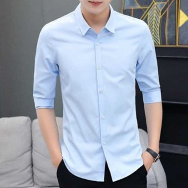 LARGE STORE 經典素面修身剪裁七分袖襯衫 工作襯衫 韓版襯衫 長袖上衣 素面襯衫 男生上衣