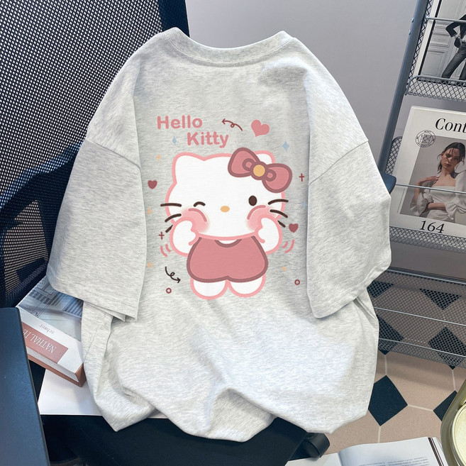 다나에 러블리 헬로키티 캐릭터 순면 티셔츠 커플 여름 루즈핏 상의 리본 반팔티 +지아싱트레이드 머리띠