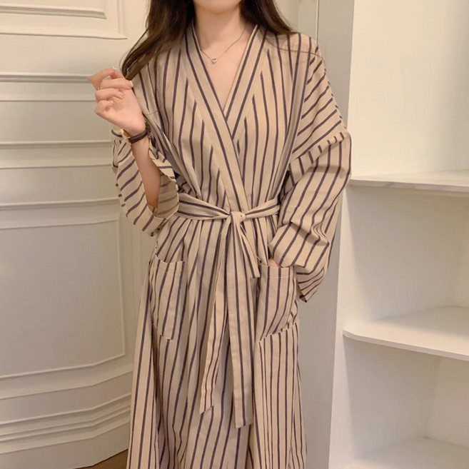 長款和服睡袍 條紋寬鬆慵懶家居服, 條紋,XL, 1個