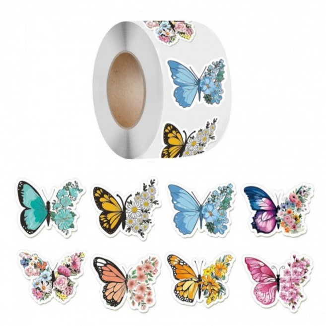 나비 꽃 스티커 버터플라이 8종 혼합 3.2cm x 500p 롤스티커