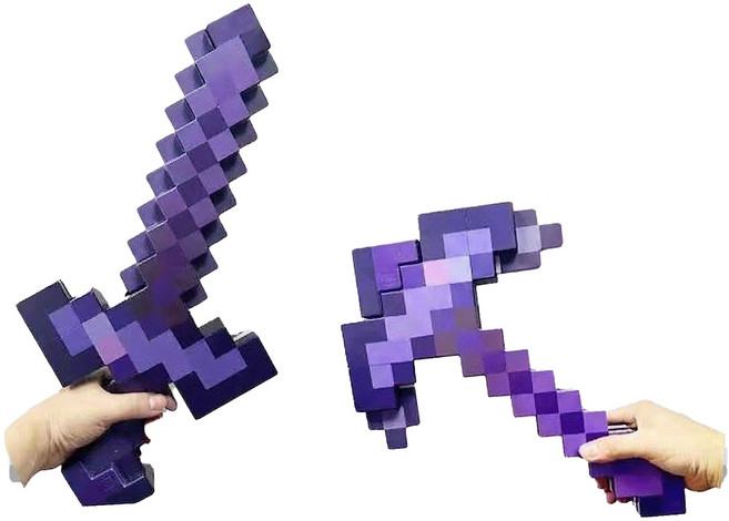 픽셀 블록 2-in-1 변신 무기 세트 마인크래프트 장난감 칼 굿즈 변신 검 피규어, 퍼플 다이아몬드 검 2-in-1 라이트, 1개