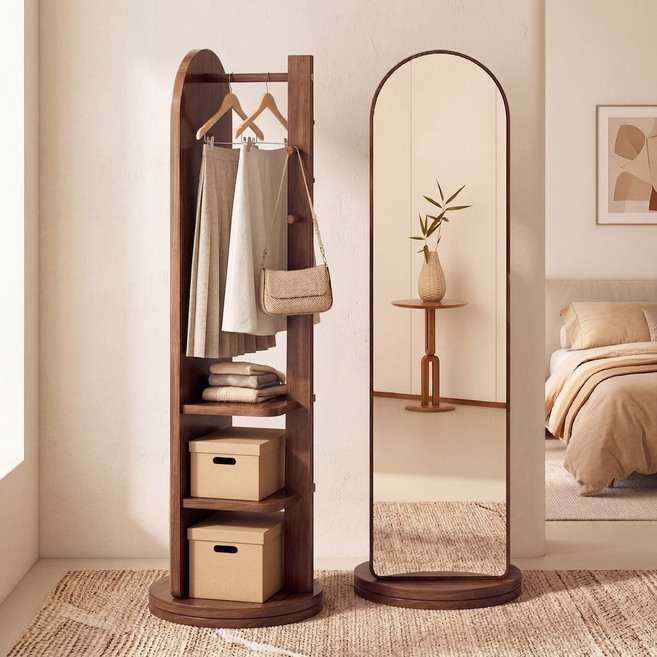 다용도 전신거울 360도 회전형 수납 스탠드옷걸이 스탠드거울 CC369, 원목색