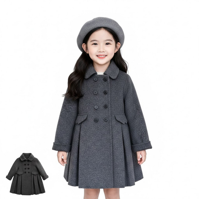 여아코트 겨울 하객룩 결혼식 촬영룩 클래식 그레이 고급 울 플레어 엘레강스울더블코트