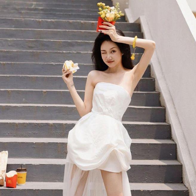 婚紗 抹胸婚紗 輕婚紗 白色婚紗 顯瘦婚紗 晚禮服 連衣裙, 白色,XL, 白色