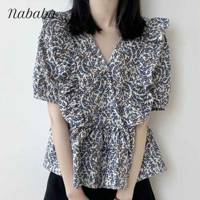 나바바 NB2689 여성 빈티지 플라원 패턴 프릴 반팔 블라우스