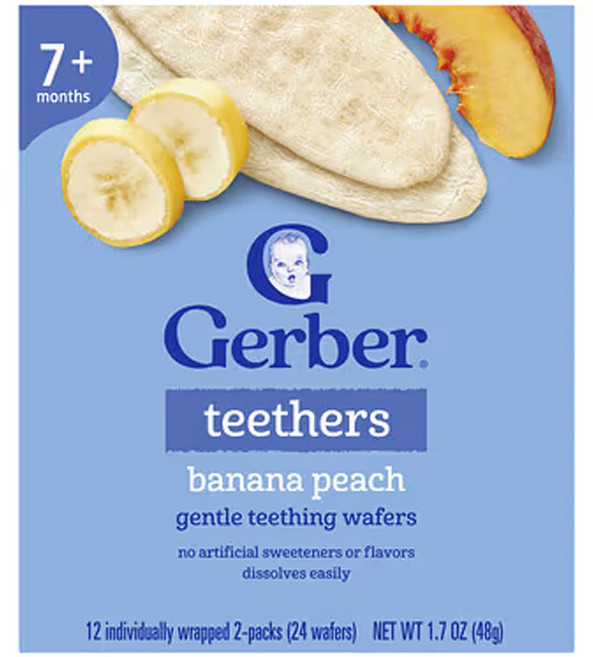 거버 티더스 부드러운 치아 발육 웨이퍼 7개월 이상 개별 포장 2팩 12개 각 4g(0.14oz), 바나나 복숭아, 48g, 1개