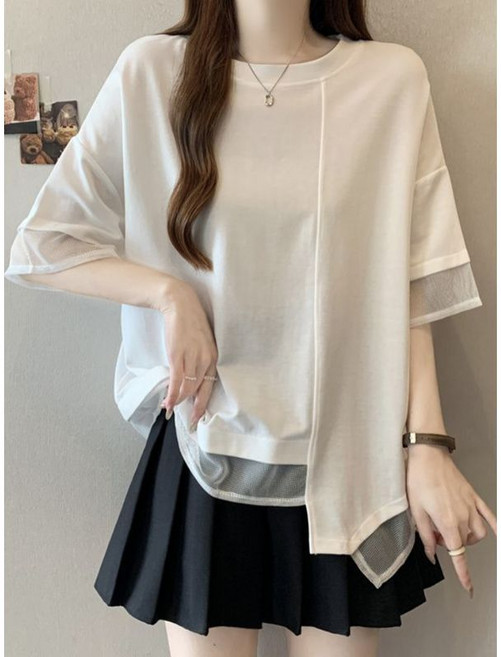 에이시크 레이스업 시스루 언발 티셔츠 C25BTS453