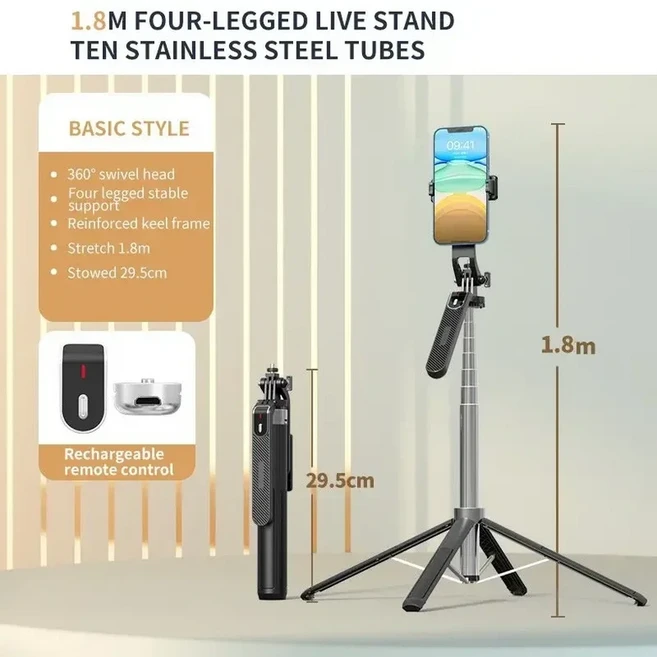 모노포드 고프로 카메라용 셀카봉 3 인 1 1800mm 무선 휴대폰 짐벌 스태빌라이저 4 다리 스탠드 P185 P180, 01 P180