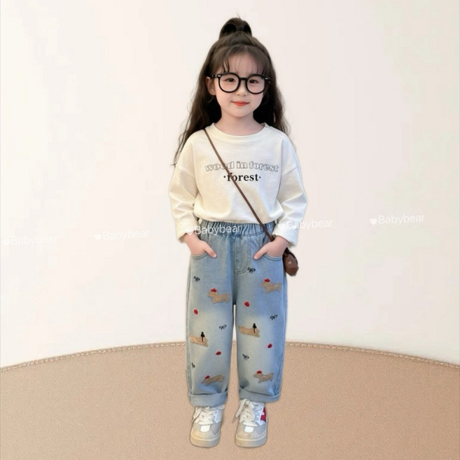 BabyBear 女童牛仔褲 可愛臘腸印花