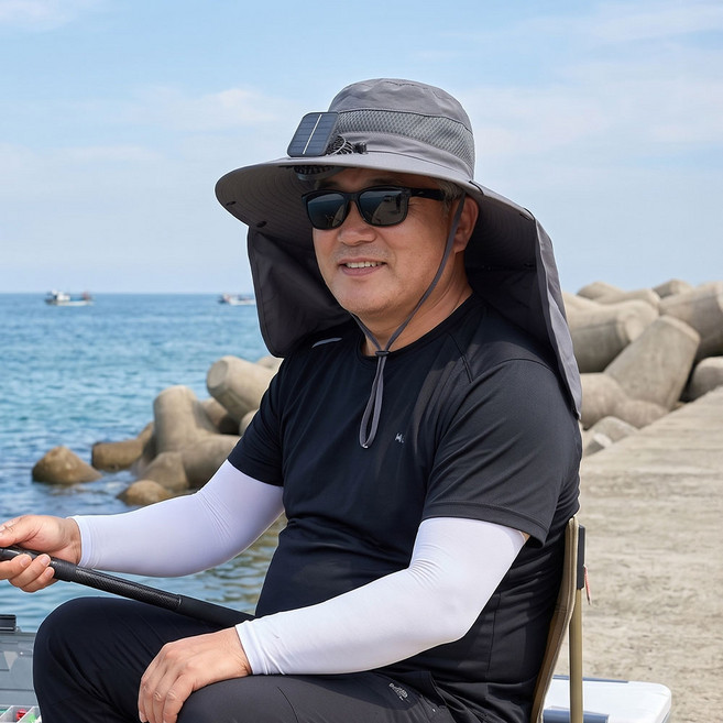 신바람 선풍기모자 KC인증 99%이상 자외선차단 USB 태양열 충전식 사파리 여름 모자, 점보, 다크그레이
