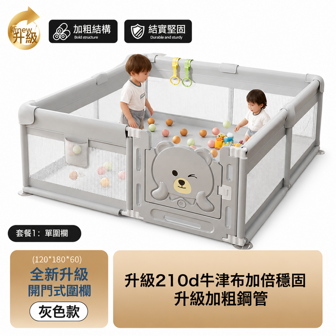 HYLSS 全新開門式嬰兒圍欄 灰色款, 1個, 如圖:灰色圍欄-120*180