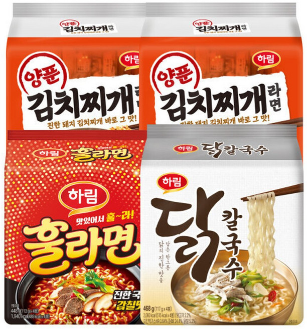 하림 라면 양푼김치찌개 8입+훌라면 4입+닭칼국수 4입 세트구성, 16개