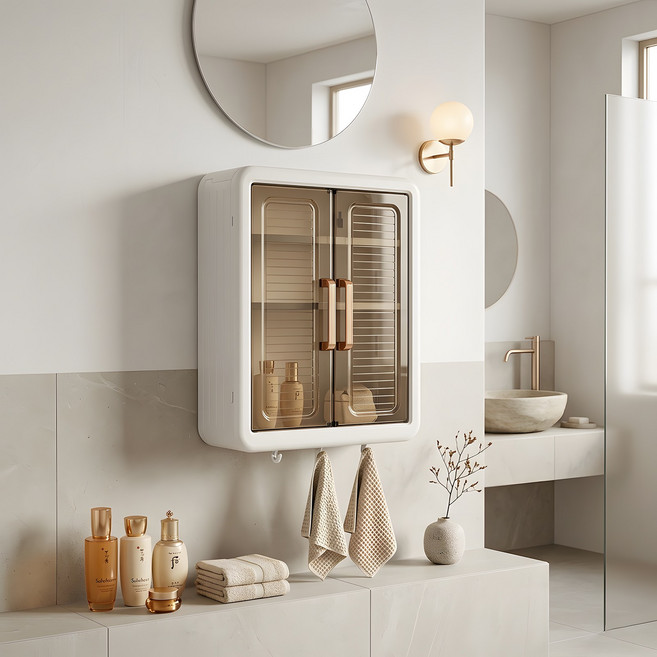 무타공 욕실 수납장 벽걸이 방수 투명도어 화장품 정리함 주방 욕실 겸용, 1개, 화이트