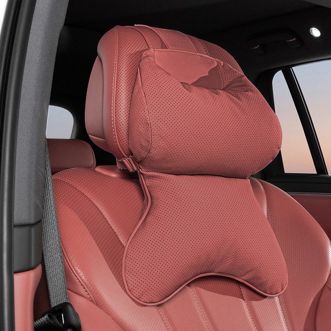 차량용 목쿠션 허리쿠션 프리미엄 요트 가죽 클라우드 솜 메모리폼 숨쉬는 타공 원단 목 보호 쿠션 사계절 공용 통기성 타공 자동차 시트 등받이 쿠션, [볼케이노 레드] 목쿠션, 1개