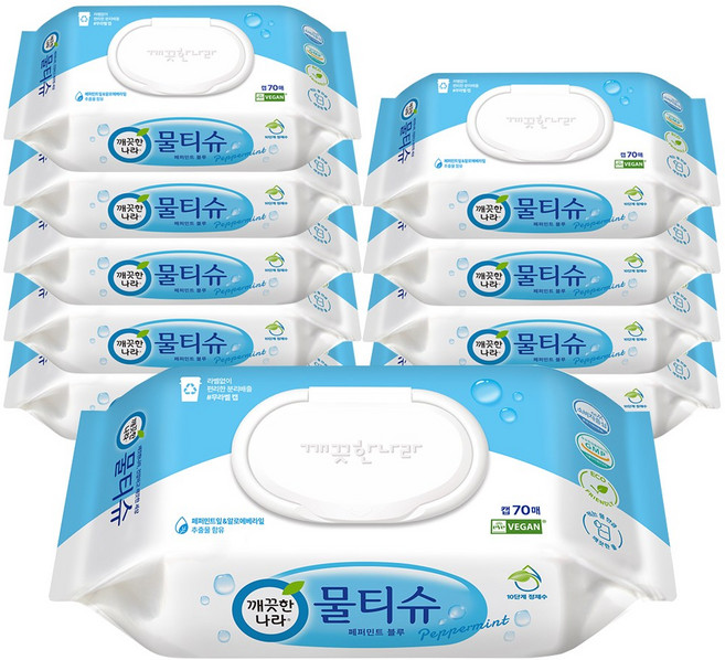 물티슈 페퍼민트 블루 캡형 70매 10개, 70개입