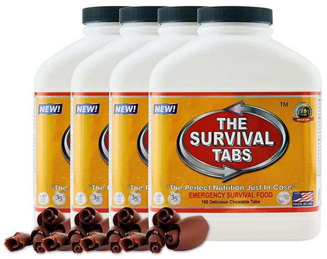 Survival TAB 탭s - 60일 생존 식품 공급 글루텐 프리 및 GMO 25년 유통 기한 4 x 180 탭/병 초콜릿 222662, Survival Tabs - 60일 생존 식품 공급 -