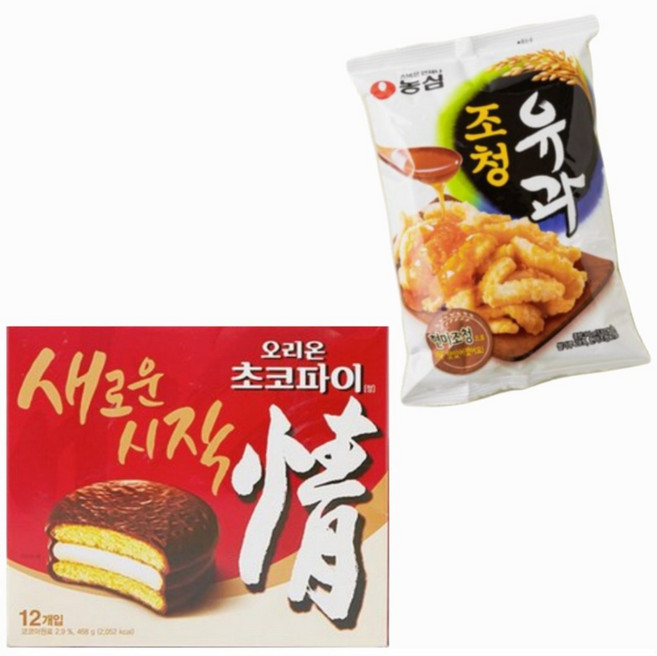 오리온 초코파이 정 과자케이크 +농심 조청유과 스낵 과자쿠키 간식, 1개, 96g