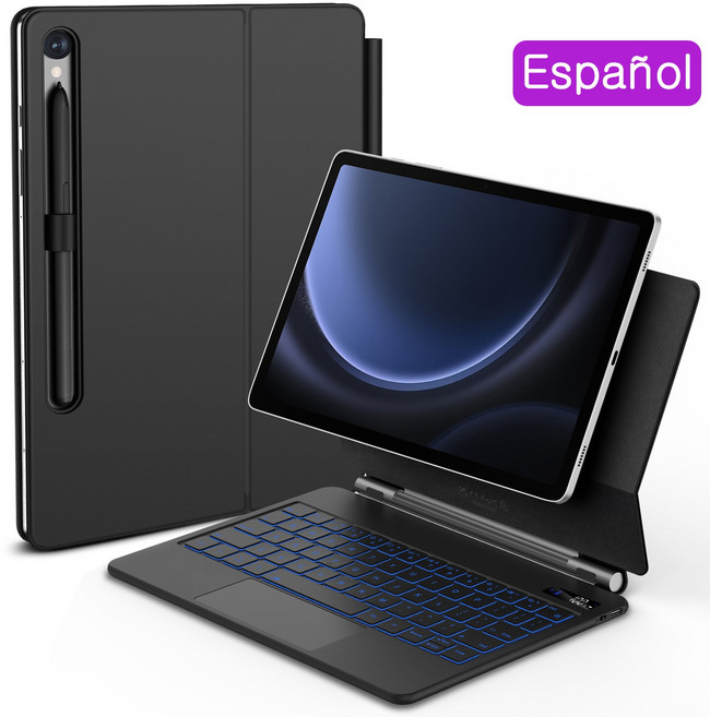 [높이조절 책상] 삼성 호환 갤럭시 탭 S7 Plus S8 S9 FE 11 용 매직 키보드 12.4 인치 트랙 패드 백라이트 플로팅 펜 홀더가있는 조절 가능한 각도, S9 11 inch, [12] Spanish
