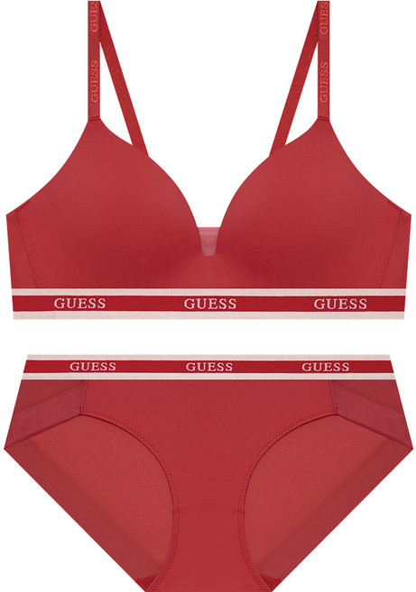 게스언더웨어 핑크골드 밴디드 노와이어 브라 팬티 세트 - 레드