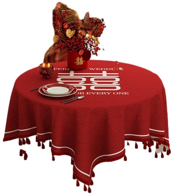紅色圓形結婚桌布 婚禮餐桌裝飾檯布, 成雙對 絨布 四邊A流蘇紅, 1個, 110x110CM 防濺水