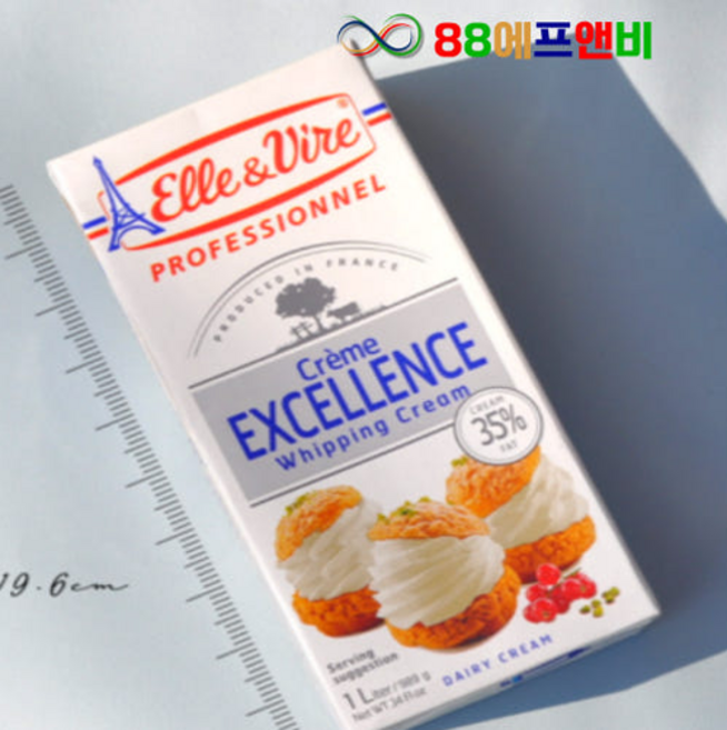[성진] 엘르앤비르 엑셀런스 휘핑크림 1000g 무가당 동물성생크림 (아이스박스 포장상품), 1L, 12개
