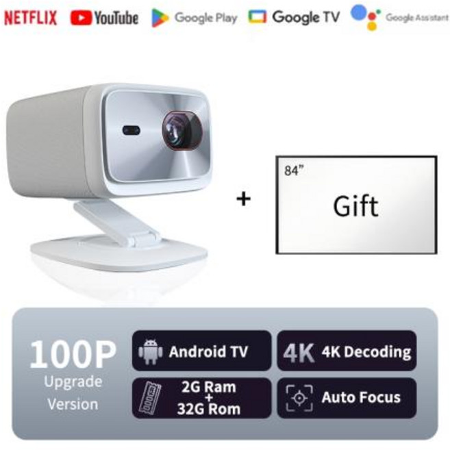 미니프로젝터 휴대용빔프로젝터 스마트프로젝터 가정용 홈시네마 LENOVO 100P 풀 HD 1080P 4K 블루투스 WiFi 6 3000ANSI 자동 초점 시어터 고휘도, EU 플러그, 5)update 100P 3000ansi