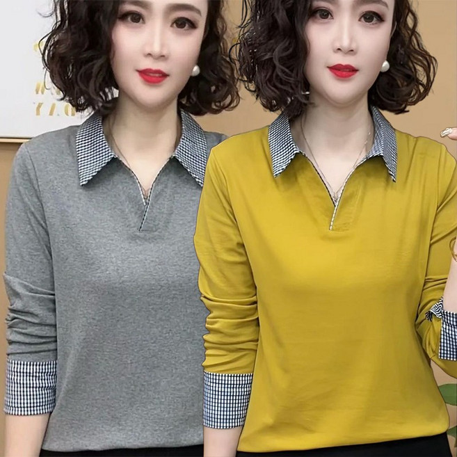 40대60대 패션 중년여성용 긴팔티 배색 카라 남방 빅사이즈 티셔츠 슬림핏 캐주얼 블라우스