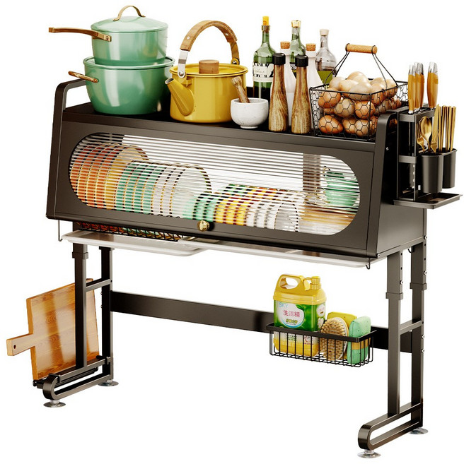 hitiya 싱크대선반 높이조절 식기건조대 먼지차단 주방선반, 블랙