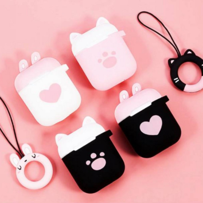 찐노마진몰 에어팟 실리콘 케이스+키링+철가루방지스티커 발바닥 하트, 블랙, 에어팟케이스(하트)