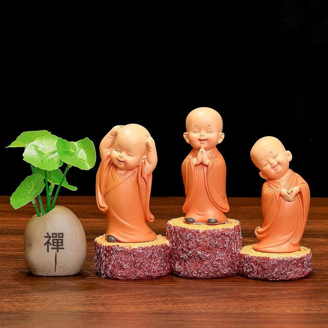 中式禪意小沙彌擺件, 樹樁底知足常樂禪意銅錢草