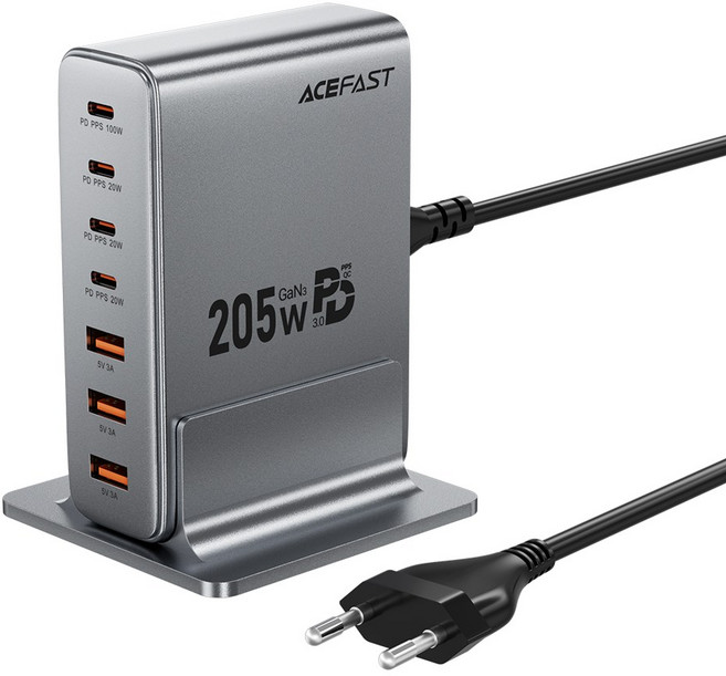 ACEFAST 205W GaN 4C3A 7포트 C타입 고속 충전기 PD3.0 PPS QC 초고속 멀티충전기, 1개, 블랙