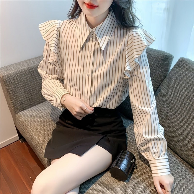 Makone 여성 셔츠넥 스트라이프 프린트 어깨프릴 패치워크 트랜드 엘레강스 데일리 블라우스