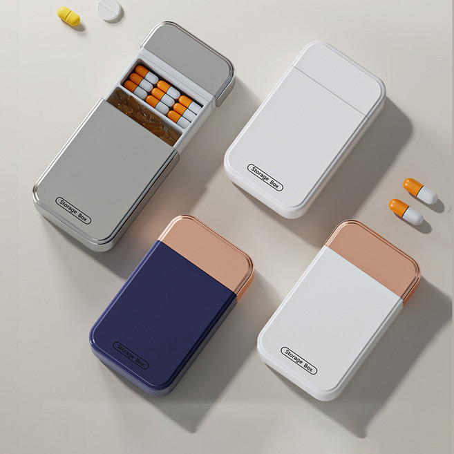 국산 휴대용 알약 케이스 약 정리함 휴대용 극소 디자인. 더 작고 더 견고하며 저장 시 눌려 깨지지 않습니다., 1개, 블루골드