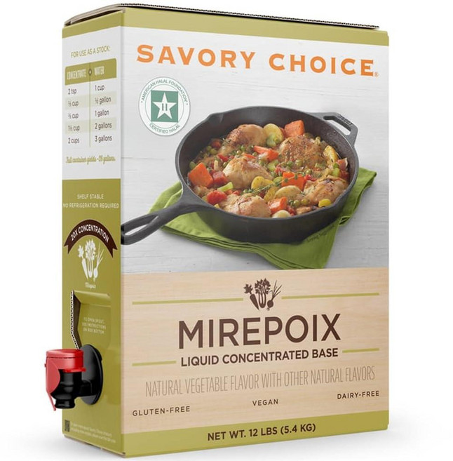 SAVORY CHOICE 돼지고기 라면 국물 농축액 4.5리터(1.19갤런) 턱받이 - 글루텐 프리 다이어리 프리 농축액 요리사 또는 애호가를 위한 대량 선반 안정성125, Mirepoix, 5.4kg