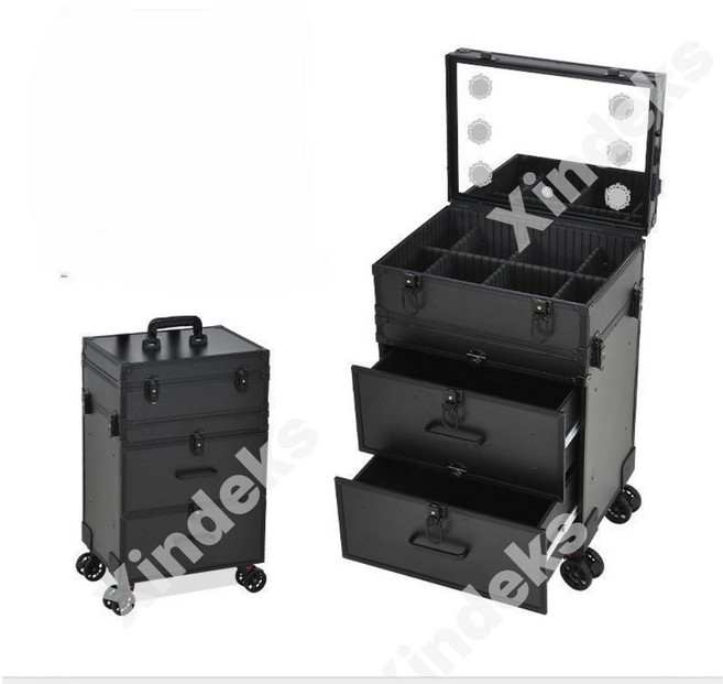 LED 메이크업 박스 캐리어 이동식 하드 케이스 트롤리 전문 아티스트 화장품 수납, 1개, D.(블랙) 3단 기본