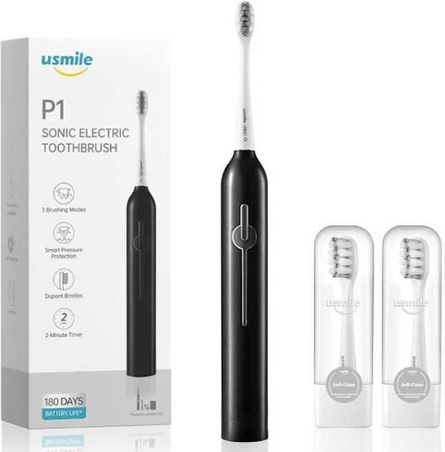 유스마일 데일리퓨어 전동칫솔 P1 미국치과협회 공식인증/ FDA인증 듀퐁칫솔모/1회충전 180일사용/ IPX7방수, 블랙, black