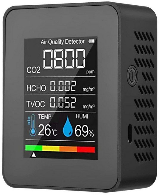 5 in 1 대기 질 모니터 TVOC HCHO 온도 습도 CO2 측정기 USB 충전식 CO2 감지기, Black, 한개옵션0