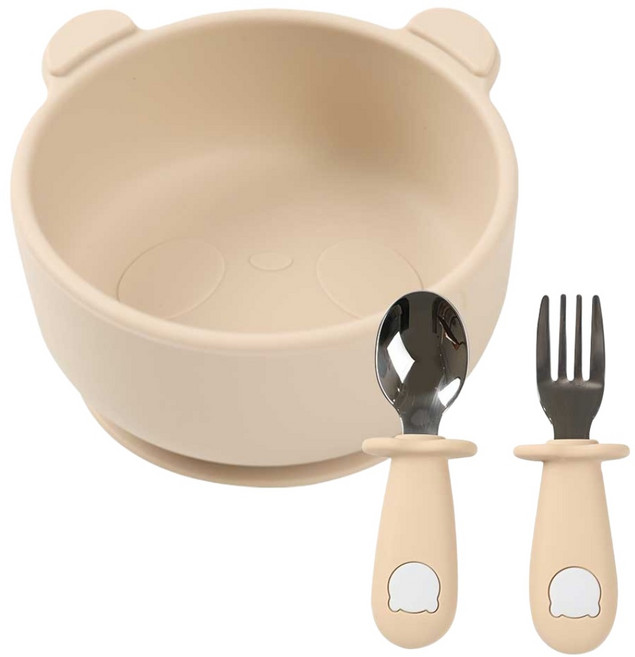 베어블리 자기주도 이유식 2종 세트 (흡착볼+스푼포크), 베이지, 흡착볼+스텐 스푼포크, 1개